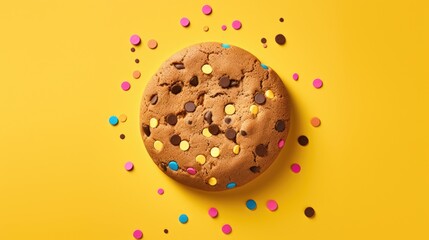  a chocolate chip cookie with sprinkles and chocolate chips on a yellow background with colorful confetti on the top of the cookie and bottom half of the cookie.  generative ai