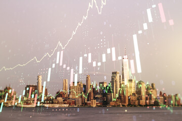 Multi exposure of virtual abstract financial graph interface on Manhattan cityscape background, financial and trading concept
