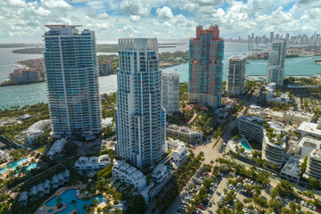 Miami Beach city in southern Florida, USA. High luxury hotels and condominium buildings. High angle view of tourist infrastructure in United States