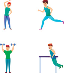 Fototapeta na wymiar Athlete icons set cartoon vector. Man and woman doing sport. Active lifestyle