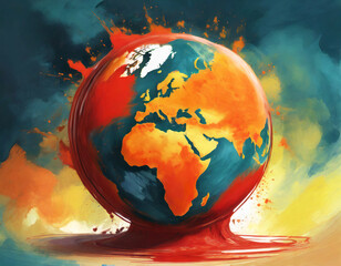 Abstract orange and red tone acrylic paint blob, creative global earth in colorful on digital art concept, Generative AI.