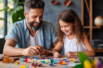 Creative photo of a father and child creating artwork together, showcasing shared creativity and imagination, creativity with copy space