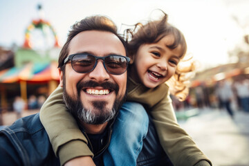 Father and child enjoying a day at an amusement park, capturing the thrill of shared adventures, creativity with copy space
