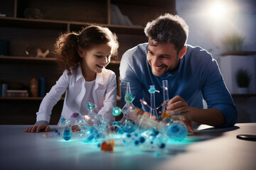 Creative shot of a father and child attending a science fair or engaging in experiments at home, highlighting shared interests in STEM, creativity with copy space