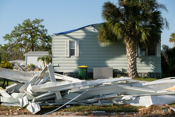 Piles of rubbish on street side from severely damaged houses after hurricane in Florida mobile home...
