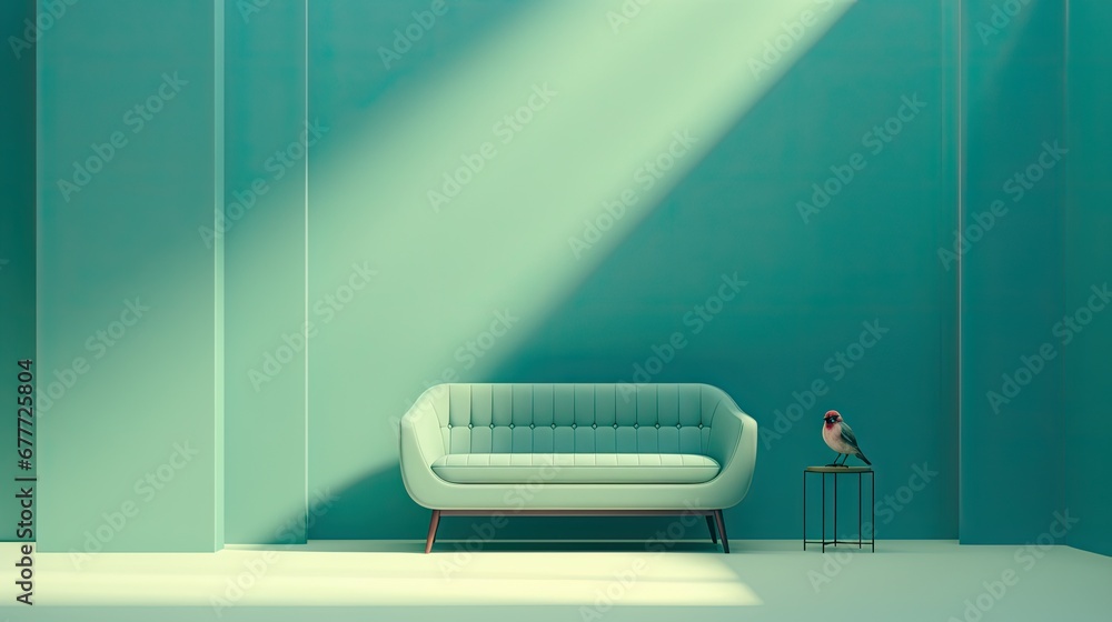 Aufkleber a green room with a white couch and a bird sitting on a small table in front of a green wall with a 