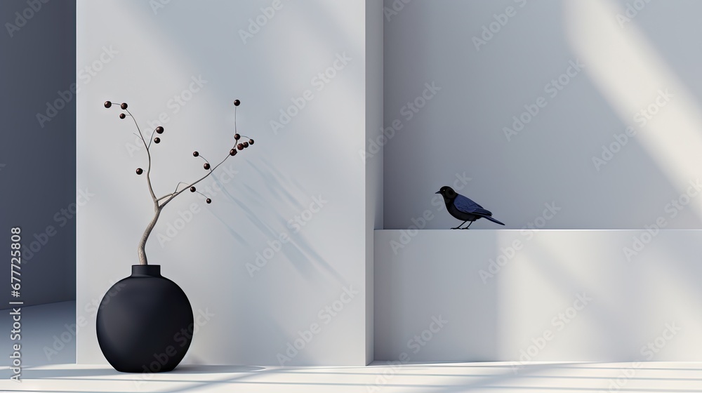 Poster a bird sitting on a ledge next to a vase with a plant in it and a shadow of a bird on a wall behind 
