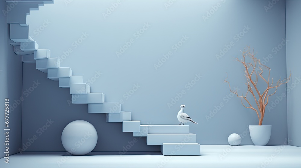 Aufkleber a seagull sitting on a set of stairs next to a vase with a tree in it and a ball on the ground in fr