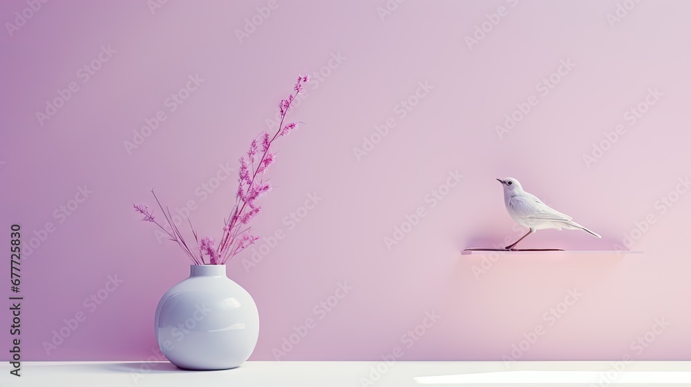 Aufkleber a bird sitting on a shelf next to a vase with a plant in it and a bird sitting on a shelf next to a 