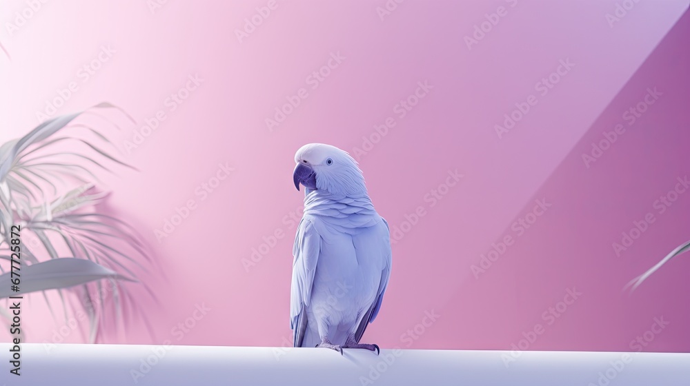 Poster a bird sitting on a ledge in front of a pink and purple background with a palm tree in the foregroun