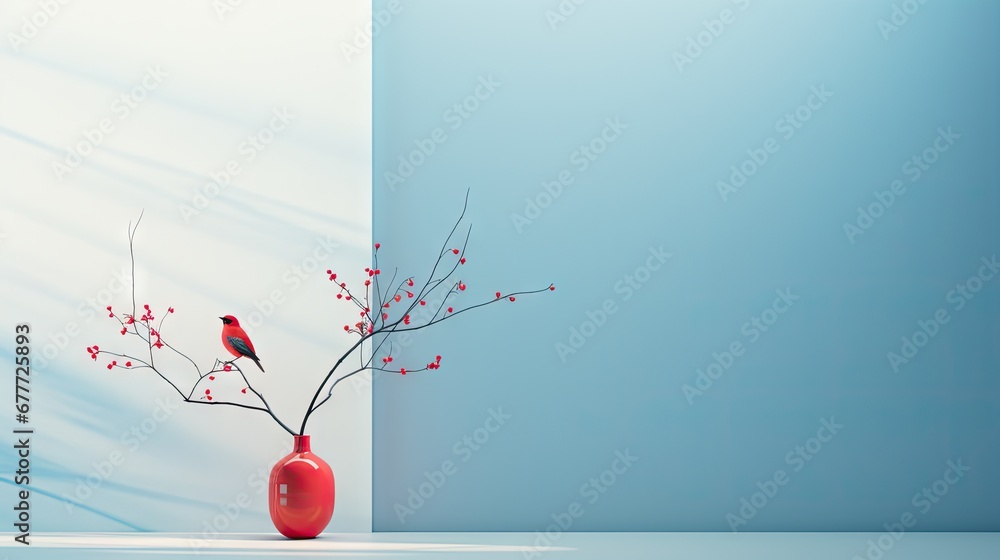 Poster a red vase with a bird sitting on top of it next to a tree branch with red berries in it and a blue 
