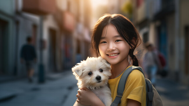 Close up of a little asian pretty girl with a white little dog in her arms, lovely pet, frendship with pets. Outdor street background. vCute little puppy. 