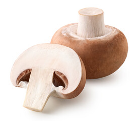Fototapeta na wymiar One whole and halved fresh brown champignon mushroom on white background