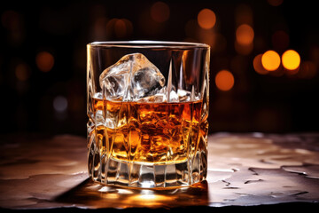 whiskey with ice on a wooden table.