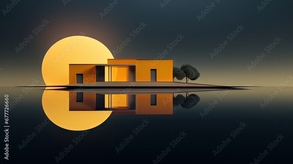 Poster a house sitting in the middle of a body of water with a full moon behind it and a tree in the middle