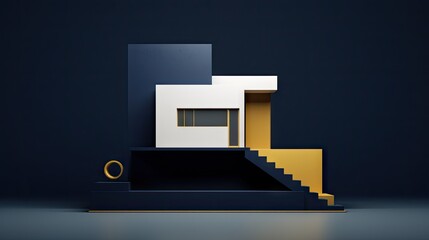  a black and white house with stairs and a gold ring on the bottom of the stairs is a dark blue background and a gold ring is on the bottom of the stairs.  generative ai