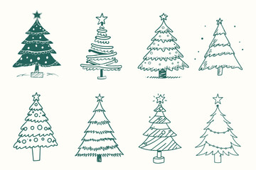 Christmas hand drawn tree set design elemnts isolated on white background