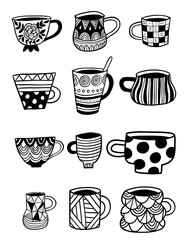 set of doodle tea and coffee cups