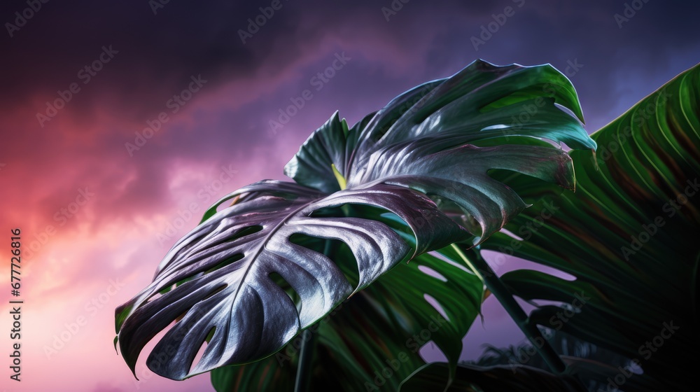 Poster a close up of a large green leaf on a plant with a purple and pink sky in the background and clouds 