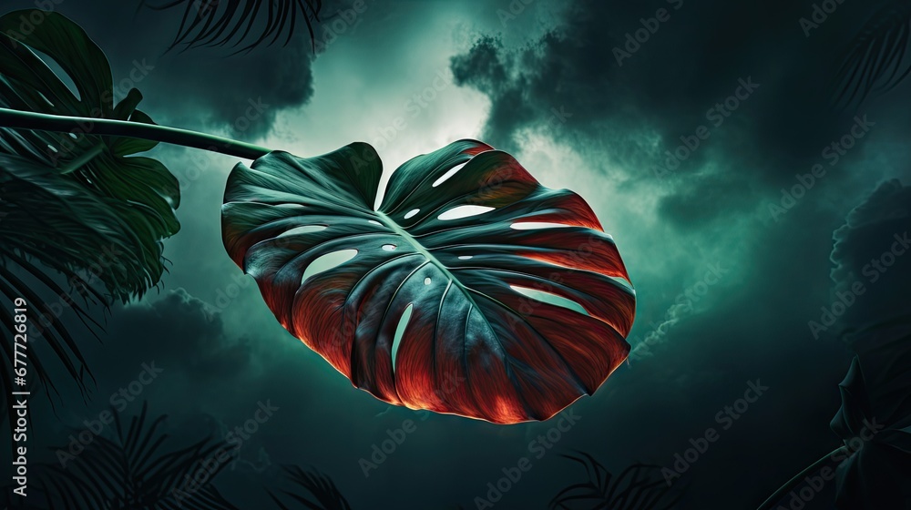 Poster a close up of a red and green leaf on a branch with a dark sky in the back ground and clouds in the 