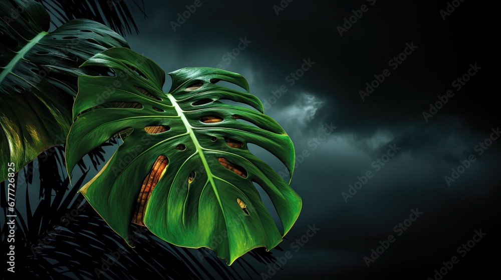 Poster a painting of a monster's face on a large green leaf with a dark sky in the background with dark clo
