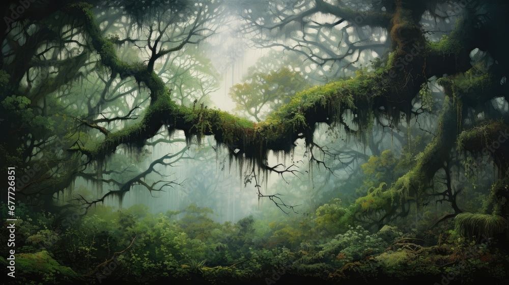 Poster a painting of a forest with moss growing on the trees and moss growing on the branches of the trees 