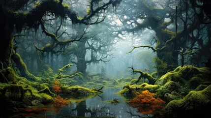  a painting of a swampy area with mossy trees and a small body of water in the middle of the picture is a swampy area with red and green plants on both sides of the water.  generative ai