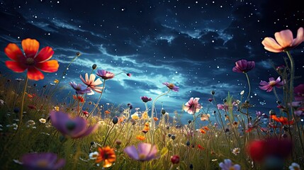 Obraz na płótnie Canvas a field full of colorful flowers under a night sky with stars and a full moon in the sky above the flowers is a field of wildflowers in the foreground. generative ai