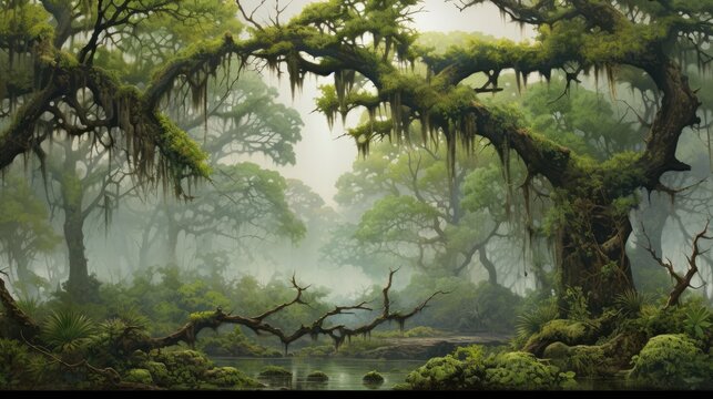  a painting of a swampy area with mossy trees and moss growing on the branches of the trees and moss growing on the branches of the branches of the trees.  generative ai