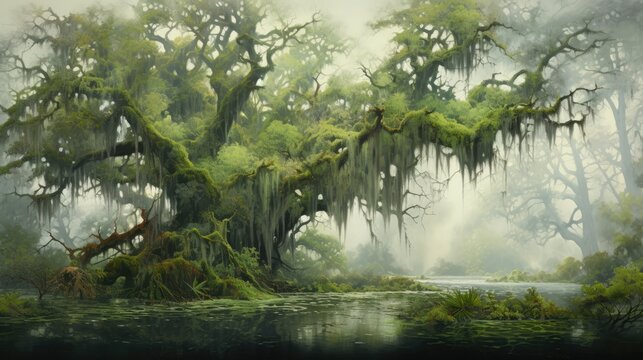  a painting of a swampy swampy area with mossy trees and mossy moss hanging from the branches of a large, mossy, mossy tree. generative ai © Nadia