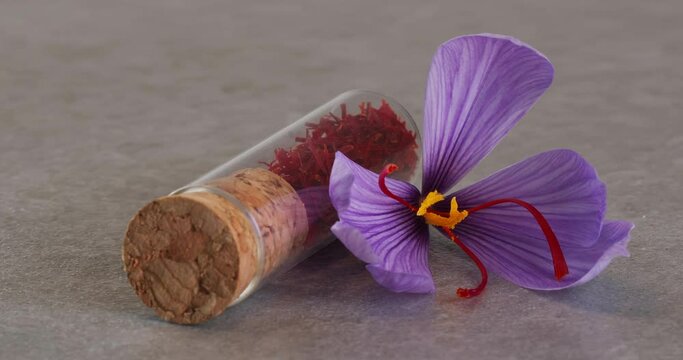 Glass jar with dry saffron and a crocus flower on gray background. Close-up footage on the rotating table.