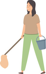 Woman with mop and bucket icon cartoon vector. Floor cleaning tools. Housekeeping equipment.