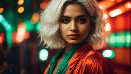 Fototapeta premium Ritratto di una giovane ragazza asiatica, indiana con capelli bianchi su uno sfondo futuristico verde e arancione di notte