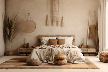 Rustic-style bedroom with soft beige coloring, the bed is centered at the back wall, and natural light from large windows.