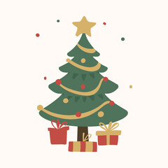 Christmas tree illustration with christmas gift box