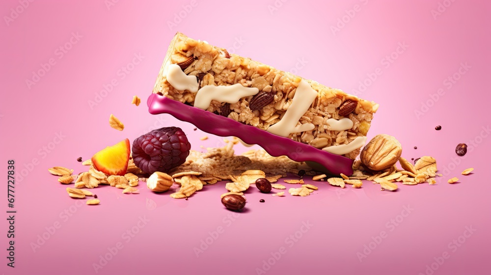 Poster a bar of granola sitting on top of a pile of nuts next to a raspberry and a raspberry slice with a d