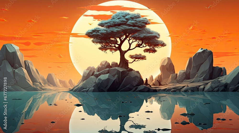Poster a painting of a tree in the middle of a body of water in front of an orange sky with a large moon in