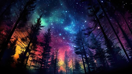  a forest filled with lots of tall trees under a night sky filled with stars and a lot of stars in the sky above the trees is a forest filled with lots of stars.  generative ai