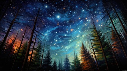  a painting of a night sky with stars in the sky and trees in the foreground, with the moon in the middle of the night sky and stars in the middle of the night sky.  generative ai
