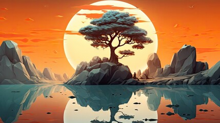  a painting of a tree in the middle of a body of water in front of an orange sky with a large moon in the middle of the sky and a small island in the middle of the water.  generative ai