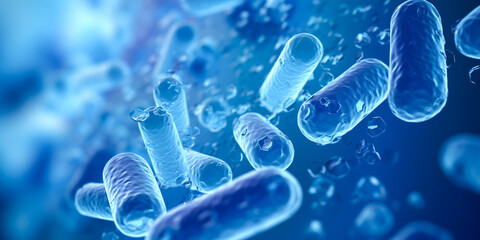 Bacterial colony bacteria on blue color. Concept of science Microbes banner - obrazy, fototapety, plakaty