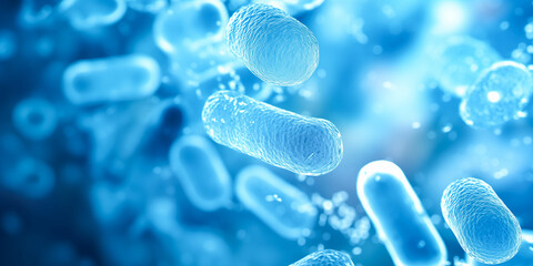 Concept of science Microbes banner. Bacterial colony bacteria on blue color