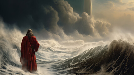 Bible miracle of Moses parting red sea for passage Ocean separate up to form canal - obrazy, fototapety, plakaty