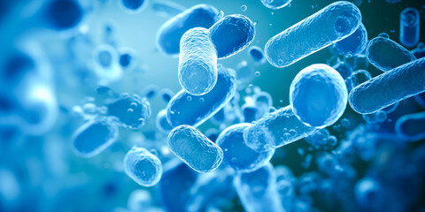 Bacterial colony Bacteria Blue color Microbes. Concept of science and medicine banner - obrazy, fototapety, plakaty