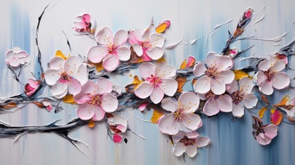  a painting of white and pink flowers on a blue and white background with a branch of a blossoming tree in the center of the painting is a blue and white background.  generative ai
