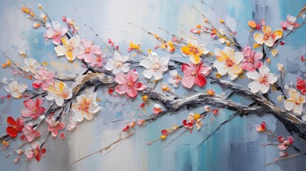  a painting of pink and yellow flowers on a blue and white painting of a branch with red and yellow flowers on a blue and white painting of a blue background.  generative ai