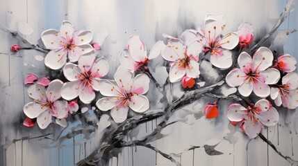 a painting of white and pink flowers on a white and gray background with a red spot in the center of the painting is a branch of a blossoming tree.  generative ai