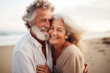 Fotobehang Senioren Paar umarmt sich lachend am Strand, Romantischer Urlaub im Ruhestand © Jennifer