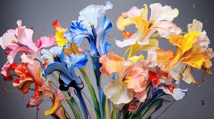  a vase filled with lots of colorful flowers on top of a gray table top next to a painting of blue, yellow, red, and white flowers on a gray background.  generative ai