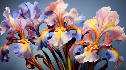  a bouquet of multicolored irises in a glass vase on a blue background with a blue sky in the back ground and a blue sky in the background.  generative ai